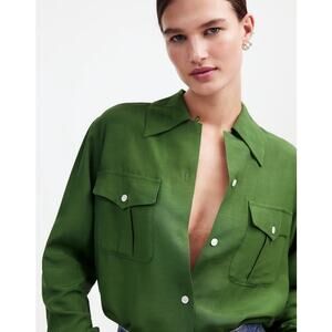 Alexa Chung for Madewell Pleat-Pocket Button-Up Shirt in Dark Pine Green XL